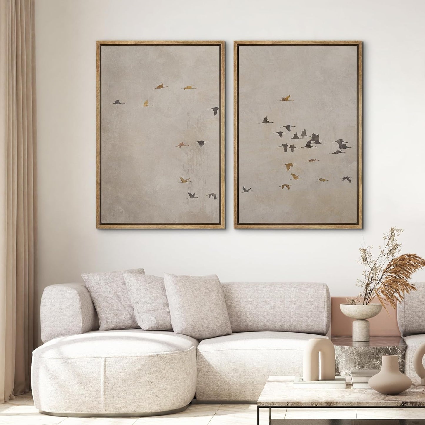 SIGNWIN Framed Canvas Print Wall Art Set Flying Birds Silhouette Minimalist Beige Illustrations Modern Minimal Decorative for Living Room, Bedroom, Office - 16"x24"x2 Natural