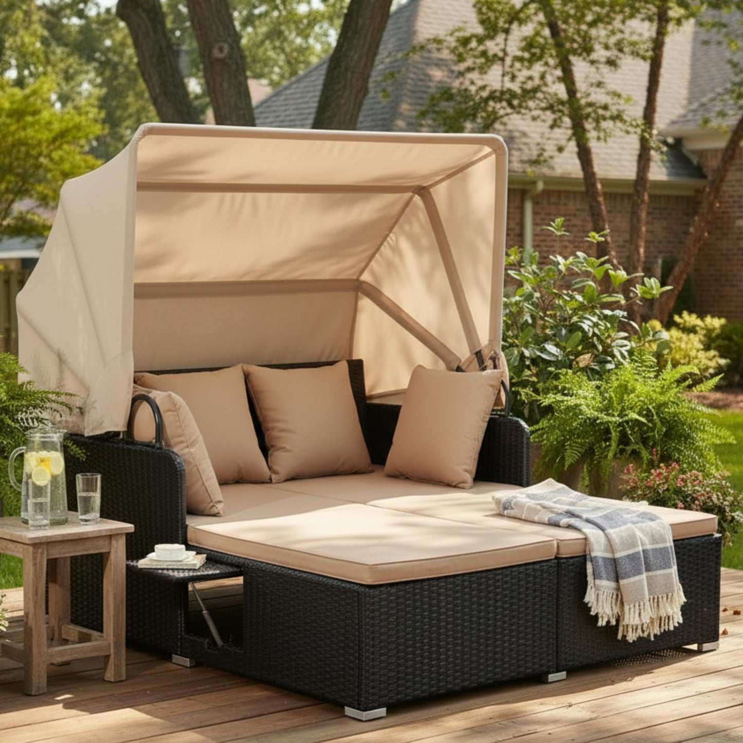 Tangkula Patio Rattan Daybed with Retractable Canopy, Outdoor Wicker Sunbed Lounger with 2 Foldable Side Tables, Thick Seat & Back Cushions, Outside Double Daybed for Garden, Backyard, Porch