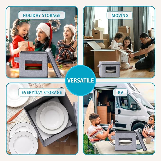 VENO 4 Size China Storage Containers for Dishes Plate Hard Shell, Holiday Ornament Storage Box, Moving Case for Packing Dinnerware Glasswear (4 Sizes Bundle, Holds 48 Plates)