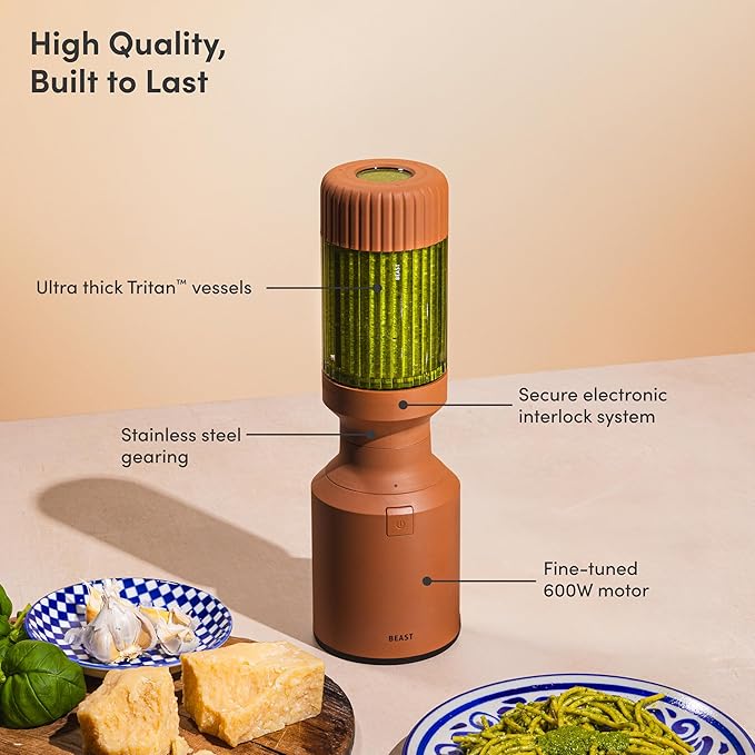 The Beast Mini Blender Plus | Mini Countertop Kitchen Blender | Blend Smoothies and Shakes, Dressings, Sauces, Dips | Extra Vessels, Straw Cap and Straws Included | 600W (Terra)