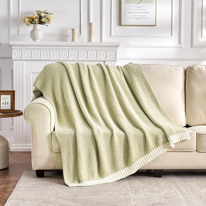 CozeCube Melange Blanket, Ultra Soft Sage Green and White Throw Blanket, Warm Cozy Knit Fuzzy Plush Reversible Throw for Couch Bed Sofa, 50"x60"