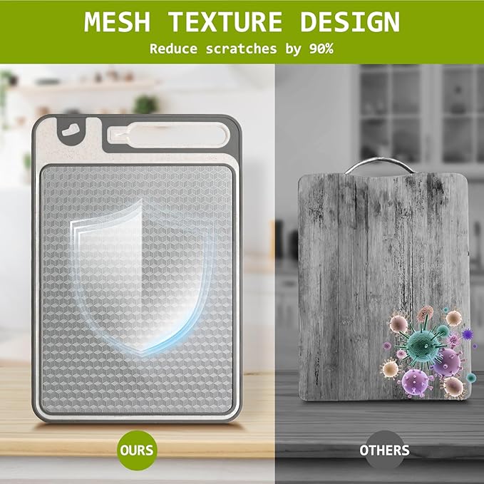 3-in-1 Stainless Steel Cutting Board for Kitchen, Double Sided,Non Toxic Cutting Board,Scratch-Resistant Mesh Design with Juice Groove,Easy Clean,Wheat Straw PP Large Chopping Board (15''*10'')