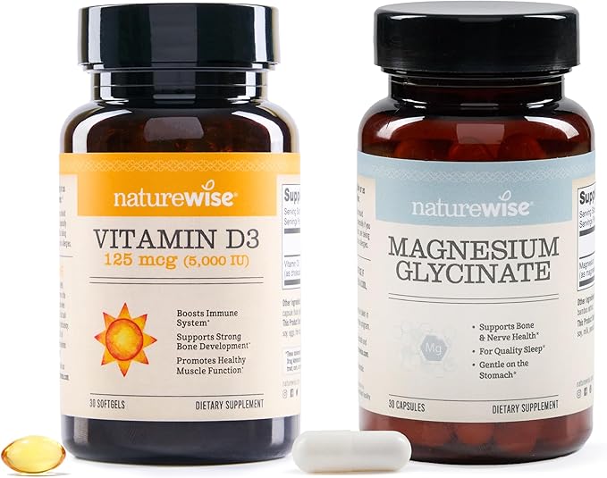Bundle of NatureWise Vitamin D3 5000iu (125 mcg) 30-Day Supply - Non-GMO, Gluten Free + NatureWise Magnesium Glycinate - 625 mg - Equal to 125 mg Elemental Magnesium - 30 Capsules[30-Day Supply]