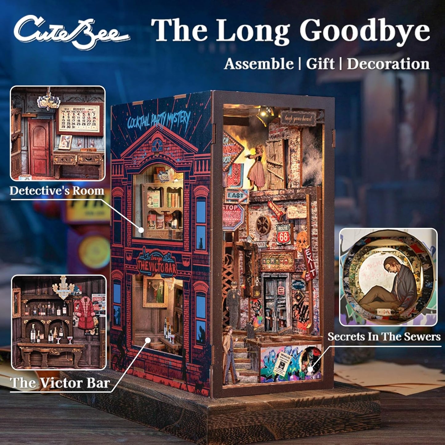 CUTEBEE Book Nook Kit - DIY Miniature House Dollhouse Kit for Adult and Teens, Booknook Bookshelf Decor Alley Model Build with LED Light, Gifts for Family and Friends (The Long Goodbye)