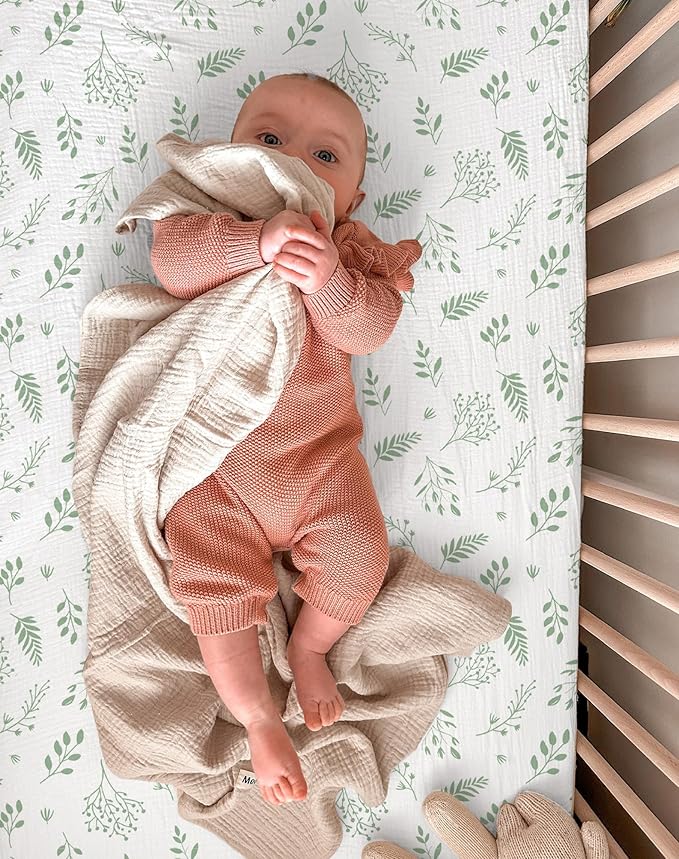 Crib Sheets for Baby Boy Girl 2 Pack, Fitted Crib Mattress Sheet 28" x 52", Muslin Toddler Bedding with Neutral Style, Nursery Bedding Essentials (Fern Leaf & Sage)
