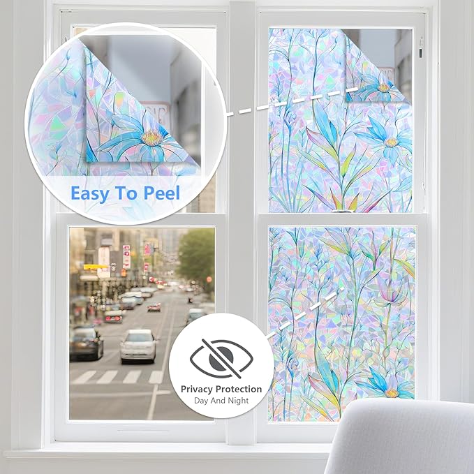 FINNEZ Window Privacy Film Stain Glass Film Flowers Rainbow Window Film Window Clings Non-Adhesive Reusable Decorative for Home（Blue Lotus，23.6 Inch x 6.5 Feet）