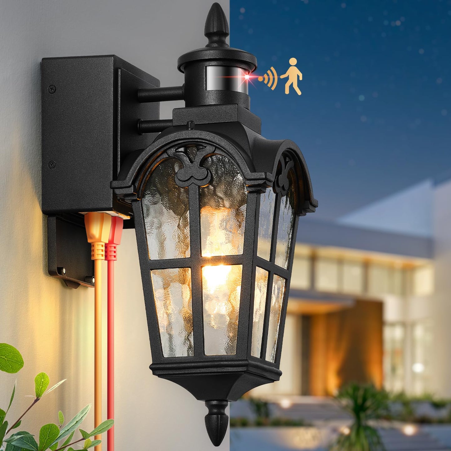 Opaxis Motion Sensor Outdoor Lights With Gfci Outlet  16.4 H Black Porch Light Outdoor  Dusk To Dawn Outside Lighting For House  Aluminum Anti-Rust Outside Light Fixtures Wall Mount For Garage Patio