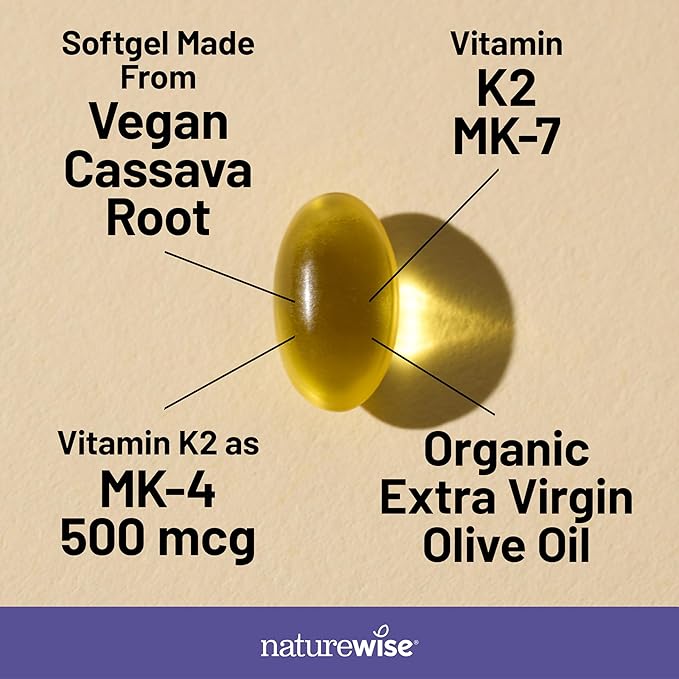 NatureWise Vitamin K2 Supplement with MK-7 100mcg and MK-4 500mcg - Enhanced Bioavailable Formula - K Complex for Bone and Heart Health - Vegan, Gluten Free, Non-GMO - 180 Softgels[6-Month Supply]