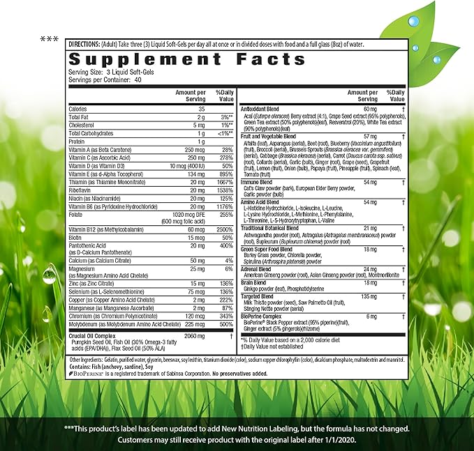 Irwin Naturals Men's Living Green Liquid-Gel Multi - 70 Essential Nutrients, Full-Spectrum Vitamins, Wholefood Blend - Targeted Adrenal & Brain Support - 120 Liquid Softgels (Pack of 3)