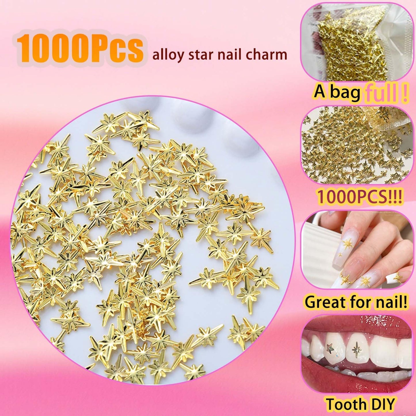 ONPRESS 1000pcs Mini Star Nail Art Rhinestones Gold Cute Cross Star Nail Charms 3D Alloy Nail Art Charms Kawaii Charms for Acryl