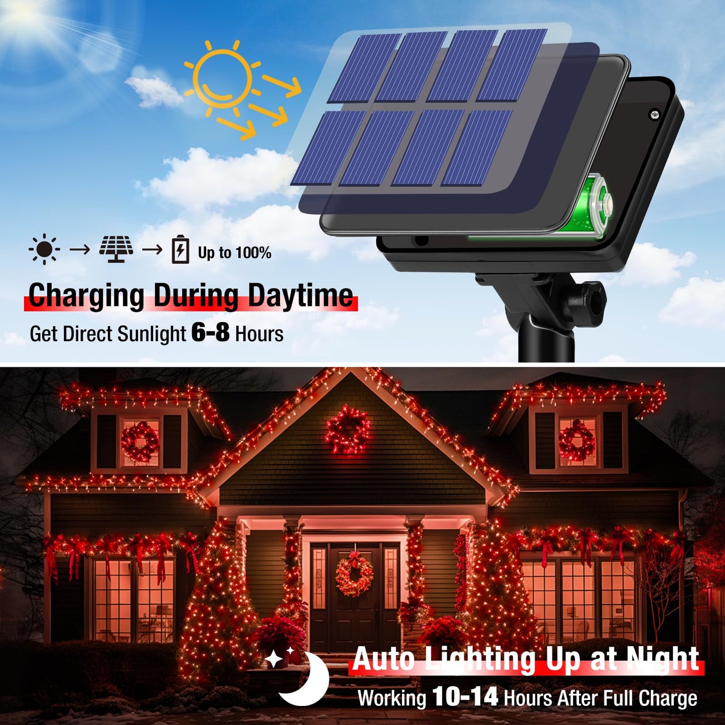 btfarm Solar String Lights - 320 LED, 132FT, 8 Modes, Waterproof, Copper Wire, 4 Pack, Red