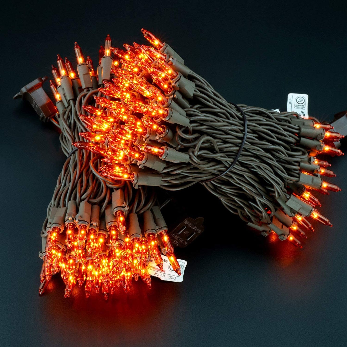Yuletime 66 Ft Orange Christmas Lights, 200 Count Mini String Lights, Ul Certified, Amber Incandescent, Brown Wire, Pack Of 2
