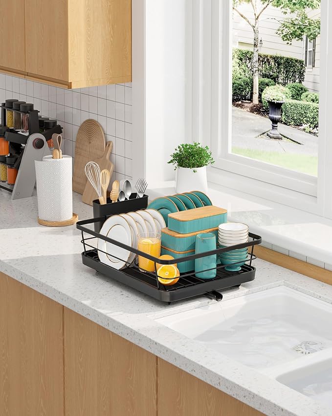 Stainless Steel Dish Drying Rack for Kitchen Counter, Sink Organization and Storage Essentials with Silverware & Utensil Holder, Home and Apartment Decor, 12''W x 15.5''L, Black