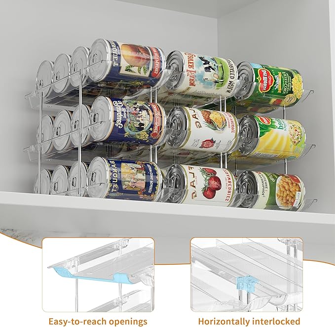 Can Organizer For Pantry Canned Food Goods Organizer For Cabinet Clear Automatic Rolling Can Storage Organizer Pantry Holders Rack, Holds Up to 48 Cans
