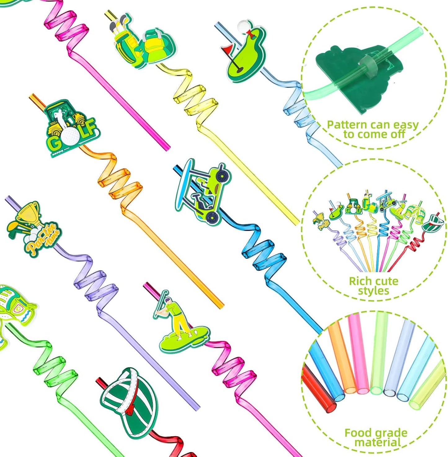 Eaasty 24 Pcs Golf Party Favors Twisty Golf Straws Par Tee Plastic Reusable Drinking Straws for Birthday Baby Shower Retirement Sport Themed Party Supplies, 8 Styles 8 Colors