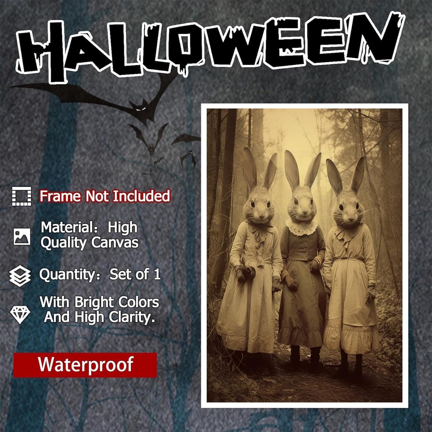 Vintage Horror Spooky Three Rabbits In Occult Forest Spooky Canvas Wall Art Poster Gothic Dark Academia Decorations Room Creepy Print Retro Halloween Wall Decor 12X16inch Unframed