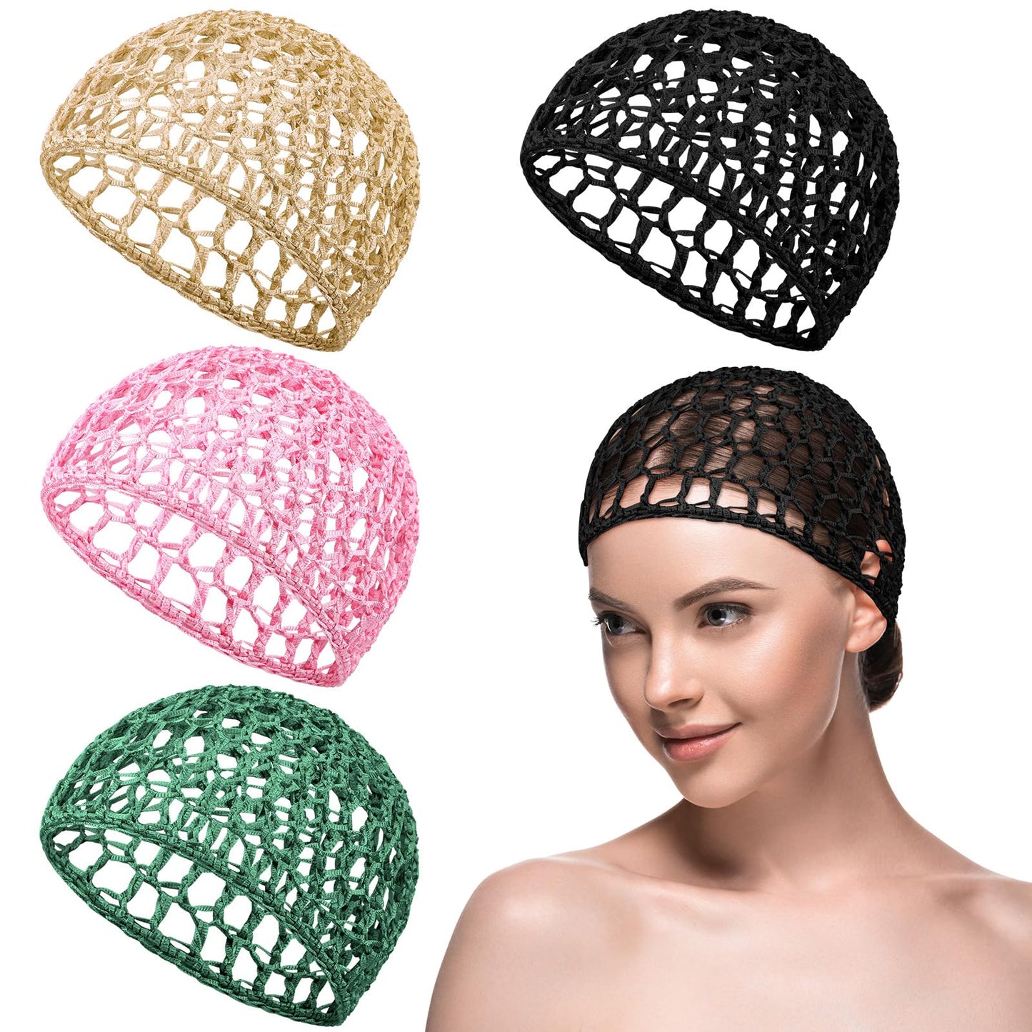 Geyoga 4 Pieces Mesh Crochet Hair Net Rayon Knit Snood Hat Thick Short Women Hairnet Snoods Cover Ornament for Sleeping(Black, G