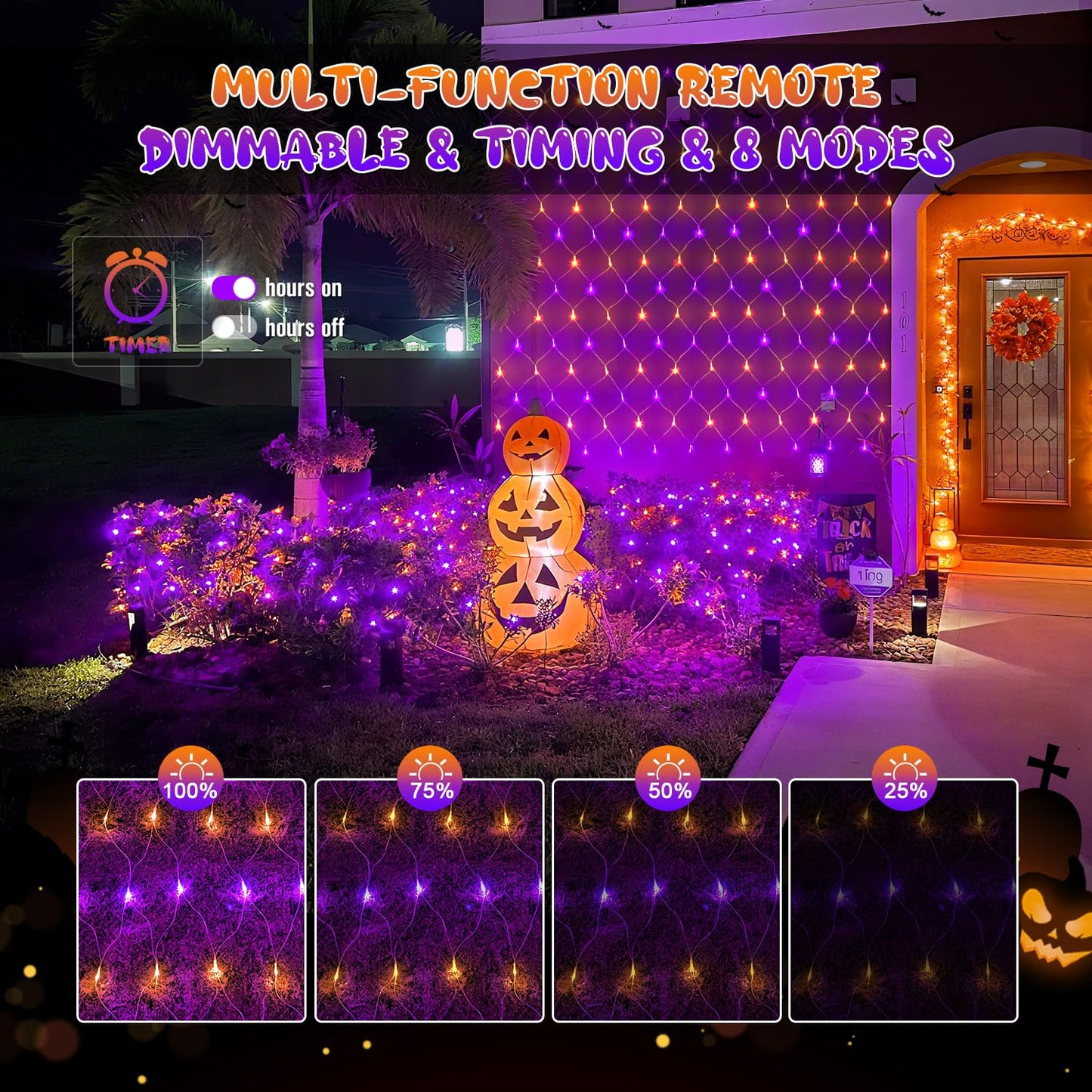 JMEXSUSS Halloween Net Lights, 200 LED, 9.8FT x 6.6FT, Connectable, Orange and Purple, Outdoor Mesh Light for Garden Decor
