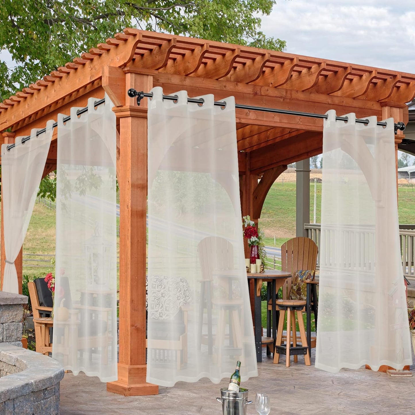 HolidayIdeas Beige Outdoor Sheer Curtains for Patio Waterproof, 6 Panels - 54 x 84 Inch - Light Filtering Voile Outside Curtains Grommet Drapes for Front Porch, Gazebo, Pergola, Backyard