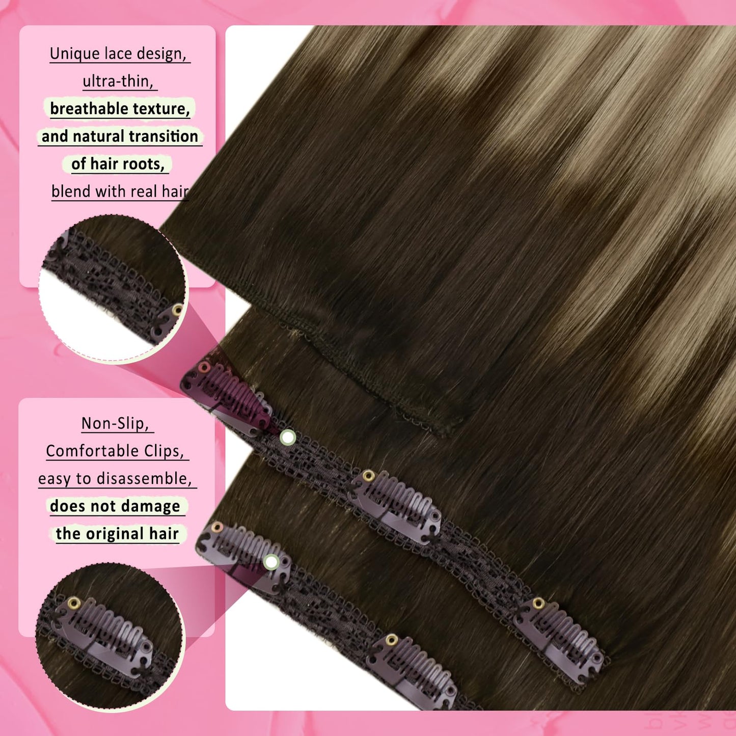 YoungSee Clip in Extensions Brown Ombre Clip in Human Hair Extension Dark Brown Ombre Light Brown with Blonde Hair Extensions 24