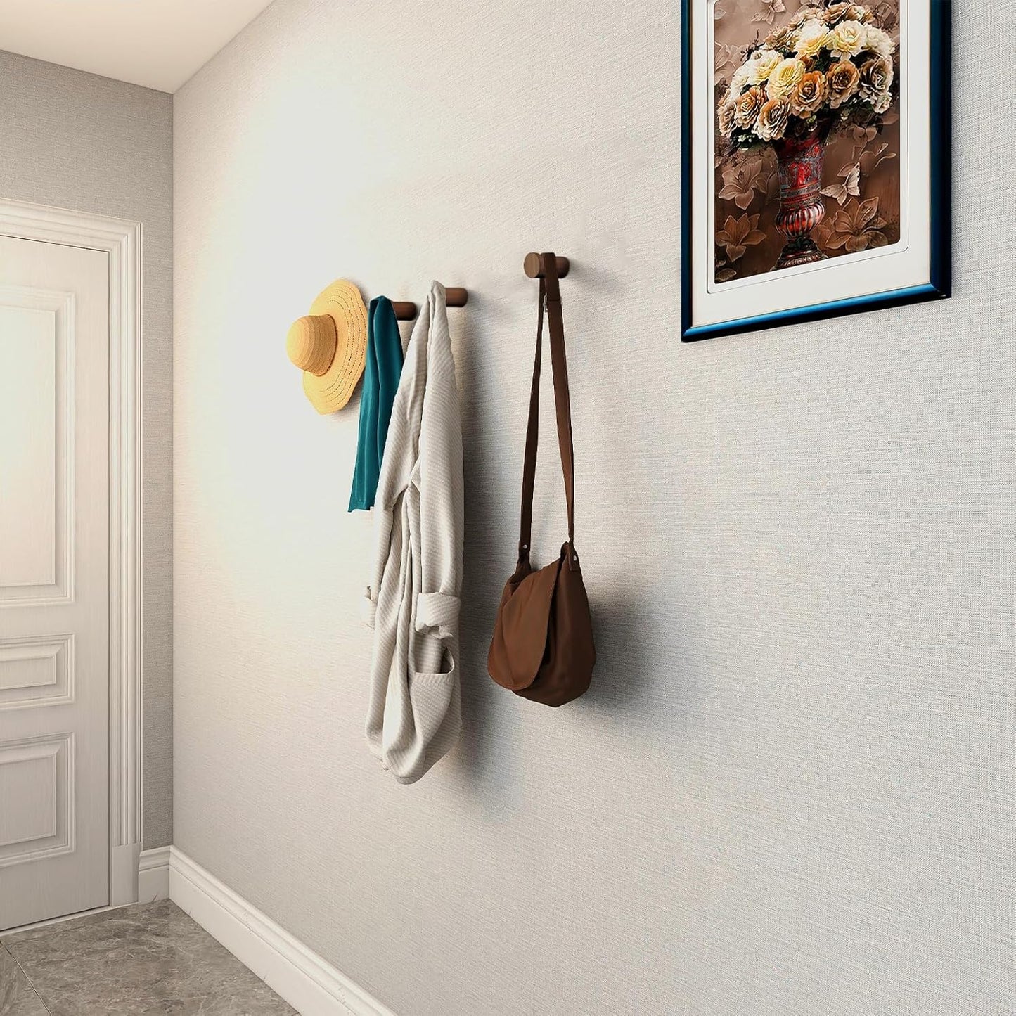 Wood Wall Hooks, 4 Pack Wooden Coat Hooks Wall Mounted, Rustic Hat Hooks Heavy Duty Entryway Wall Hangers for Hanging Purse, Towels, Clothes, Backpack