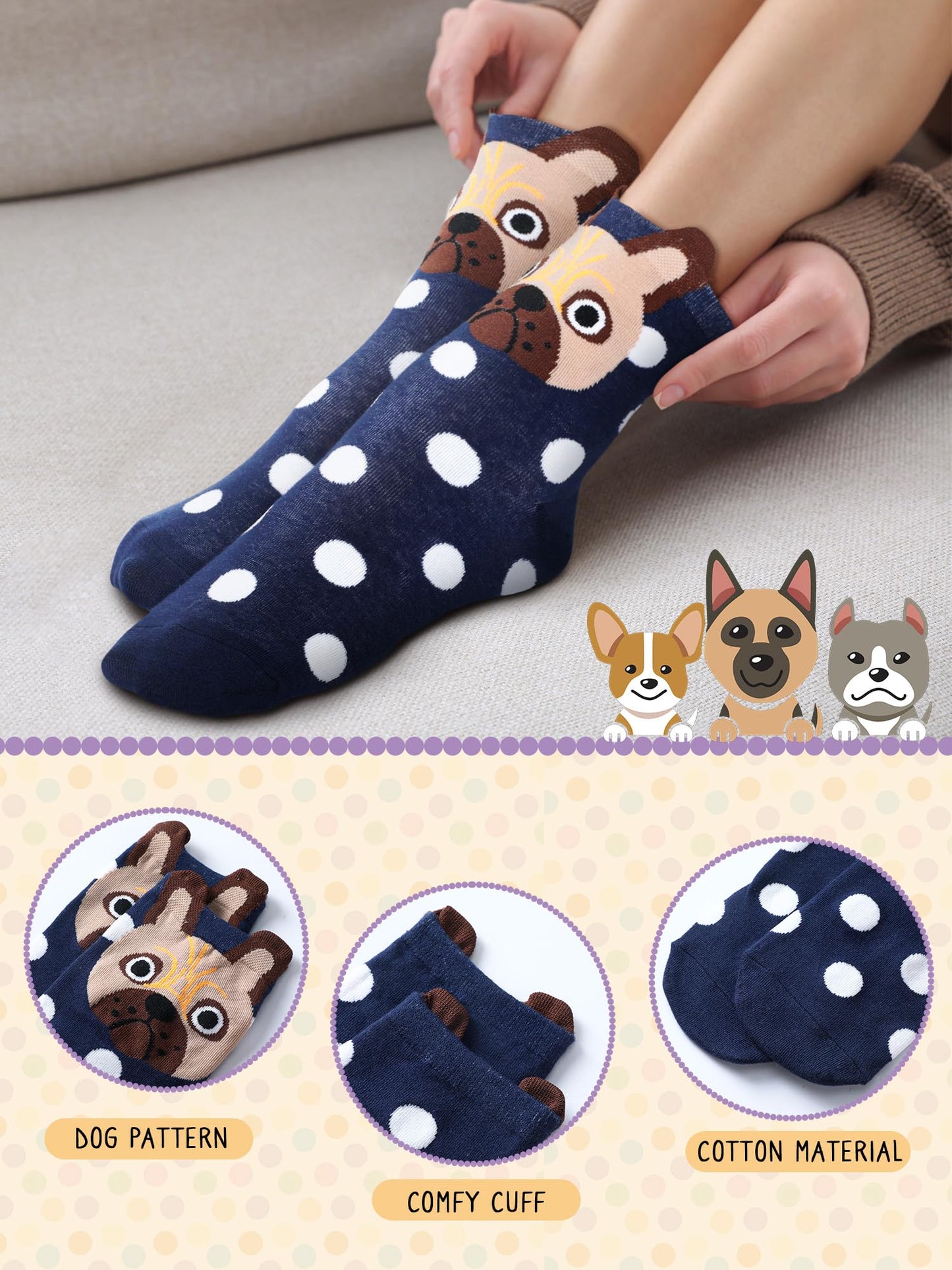 Fourluoo 5 Pairs Women Cat Socks Cute Cozy Funny Animal Patterned Fun Ankle Sock Novelty Dog Socks for Women Gift(Muted Tones,Spot Dog)