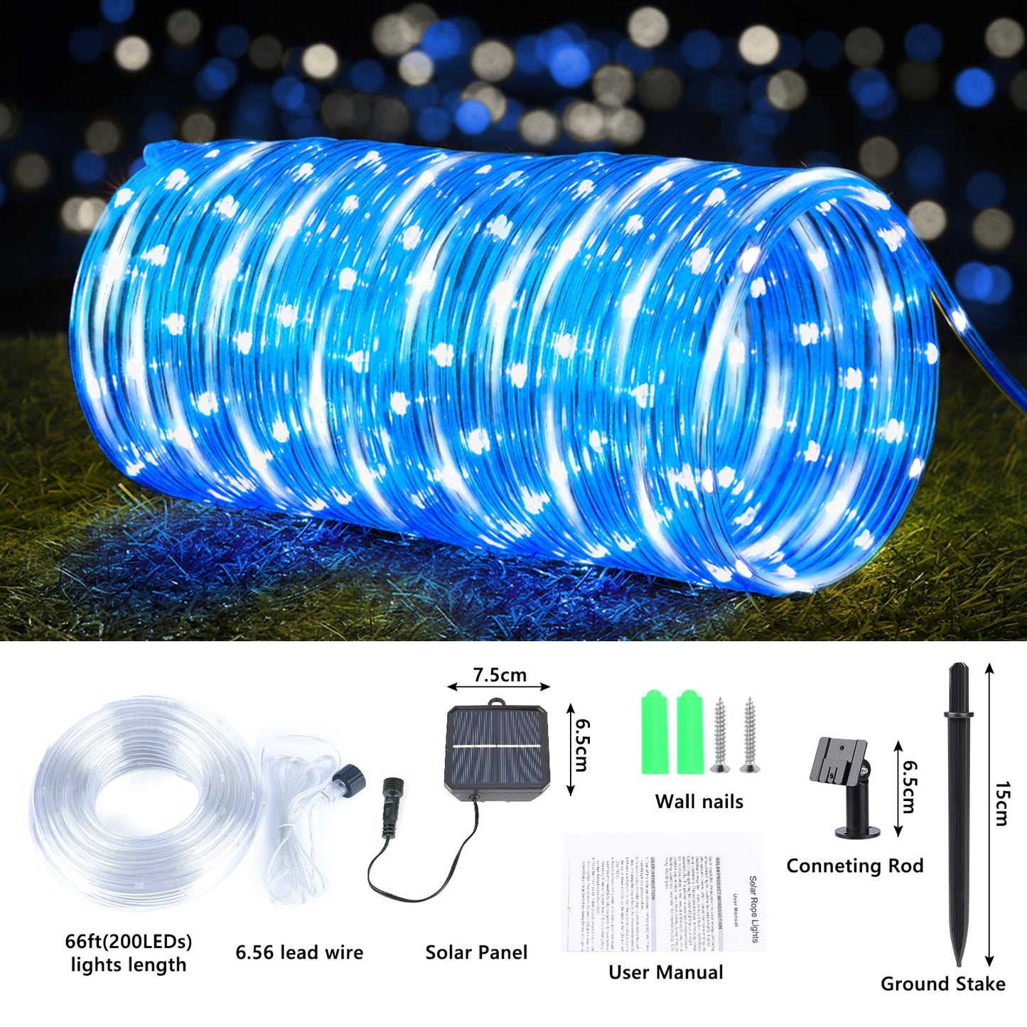Jnaurb Solar Rope Lights, 200LED, 66ft, Waterproof, Flexible Tube Light, White & Blue for Garden, Patio, Pool, Christmas Decor