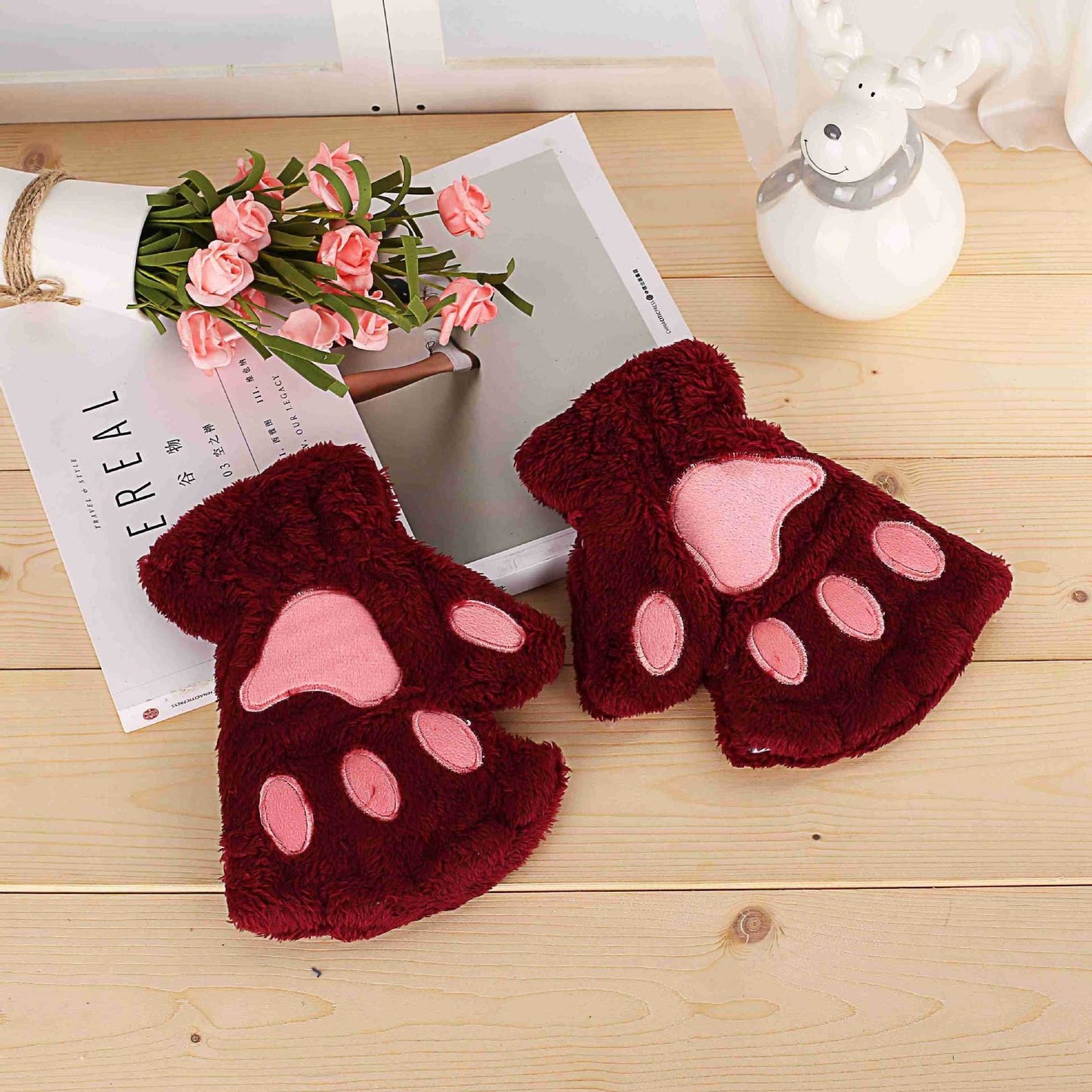 MizHome Cat Bear Plush Claw Paw Mitten Soft Winter Gloves Costume Wine Red