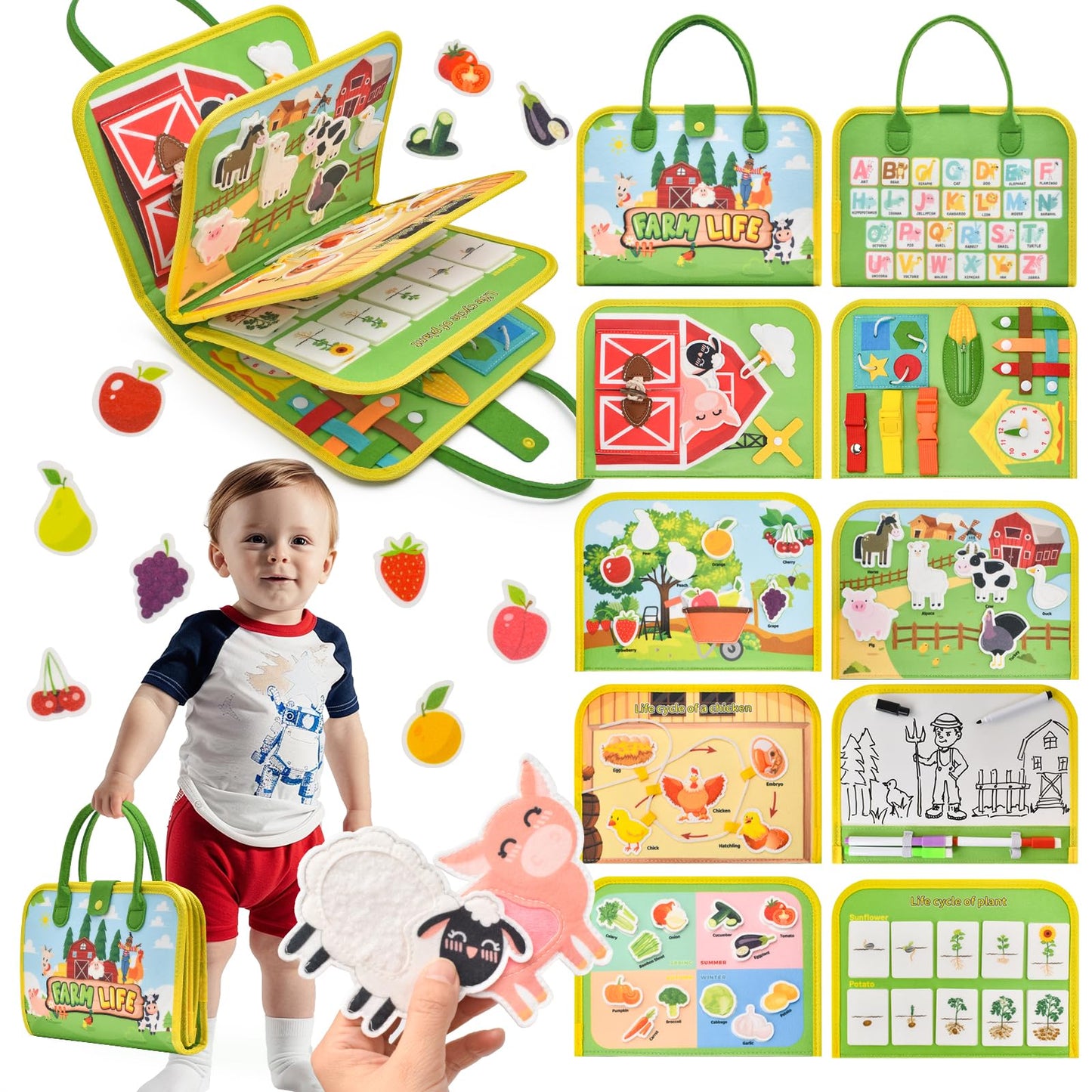 Silouka Toddler Busy Board Montessori Toys, Sensory Board Busy Book for Toddlers 1-3 Birthday Gifts - Preschool Learning Life Skills, Farm Green, 8 Pages