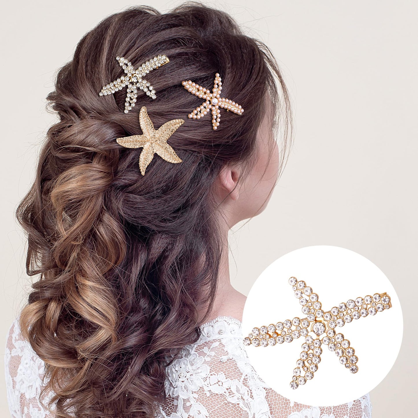 PAGOW 3 PCS Starfish Hair Clips, 3 Styles Gold Rhinestone Hair Clips, Faux Pearl Crystal Sea Star Wedding Headpiece Hair Accesso