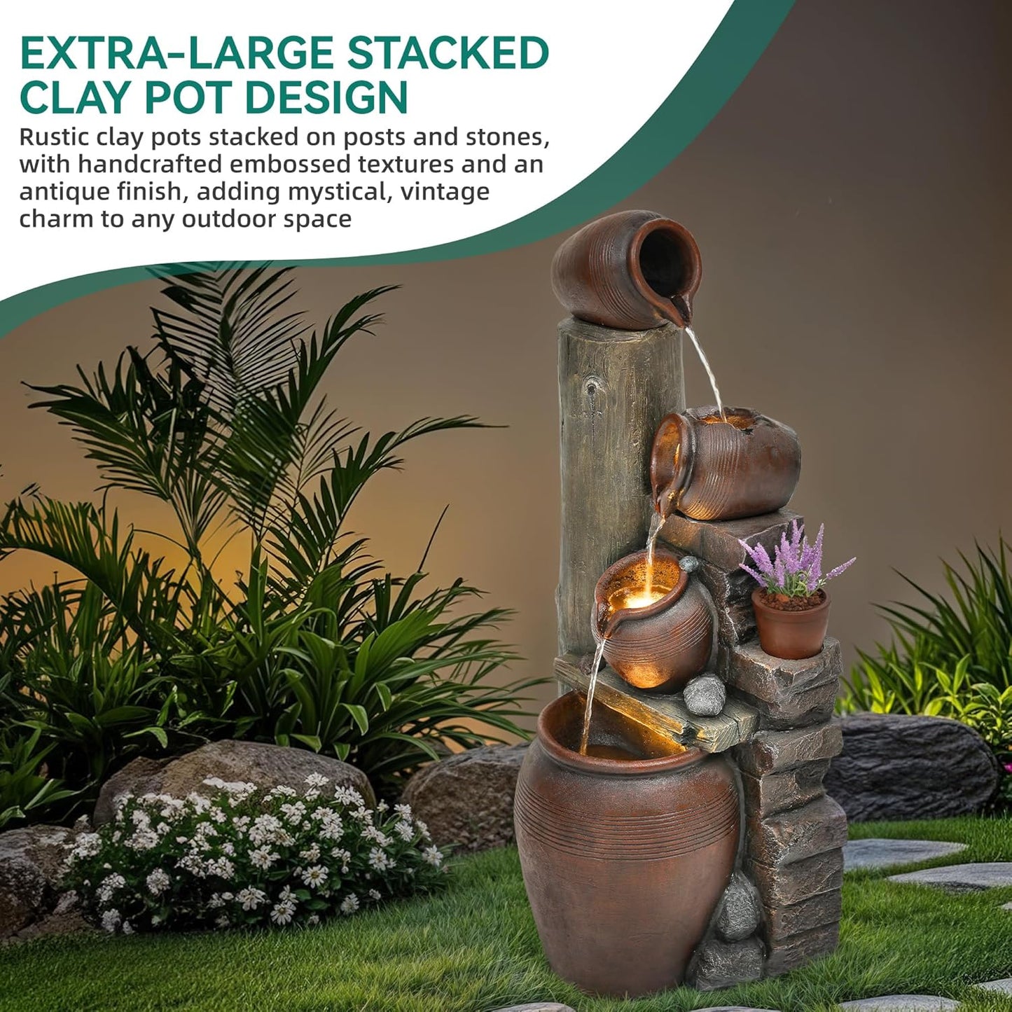 40" H Overszied Outdoor/Indoor Water Fountain with LED Lights and Pump, Cascading Pitchers Farmhouse Garden Fountain Waterfall for Patio, Porch, or Yard