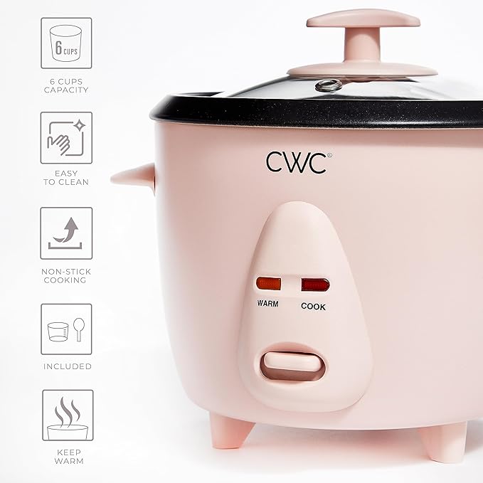 COOK WITH COLOR 6 Cup Rice Cooker 300W - Effortless Cooking and Perfectly, Cooks 3 Cups of Raw Rice for 6 Cups of Cooked Rice, Pink