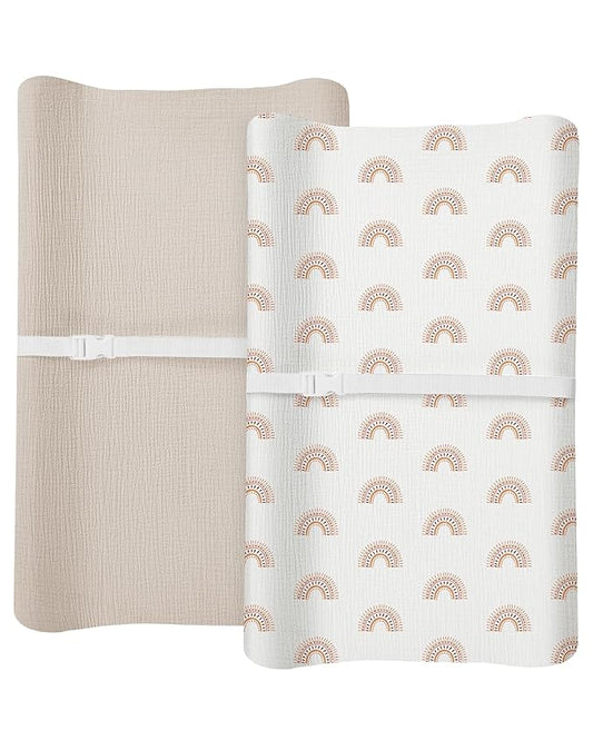 Changing Pad Cover for Baby Boy Girl 2 Pack, Muslin Changing Table Pad Covers with Boho Style, Neutral Nursery Bedding Essentials Soft and Breathable(Beige & Rainbow)
