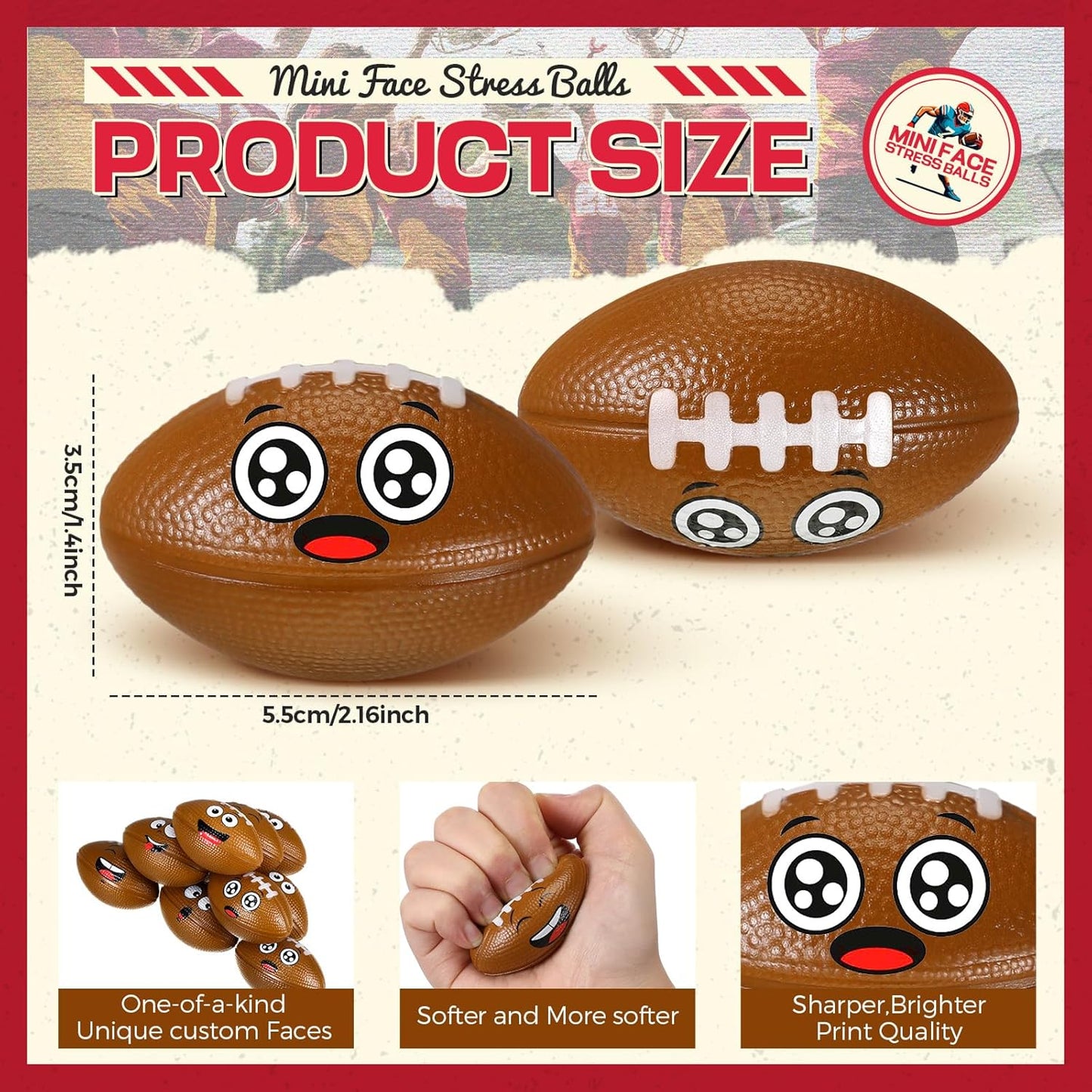 12 Pcs Mini Face Stress Balls for Boys Girls Sport Funny Face Squeeze Foam Balls for Stress and Anxiety Relief for Party Favors Birthday Gift Decoration(Football)