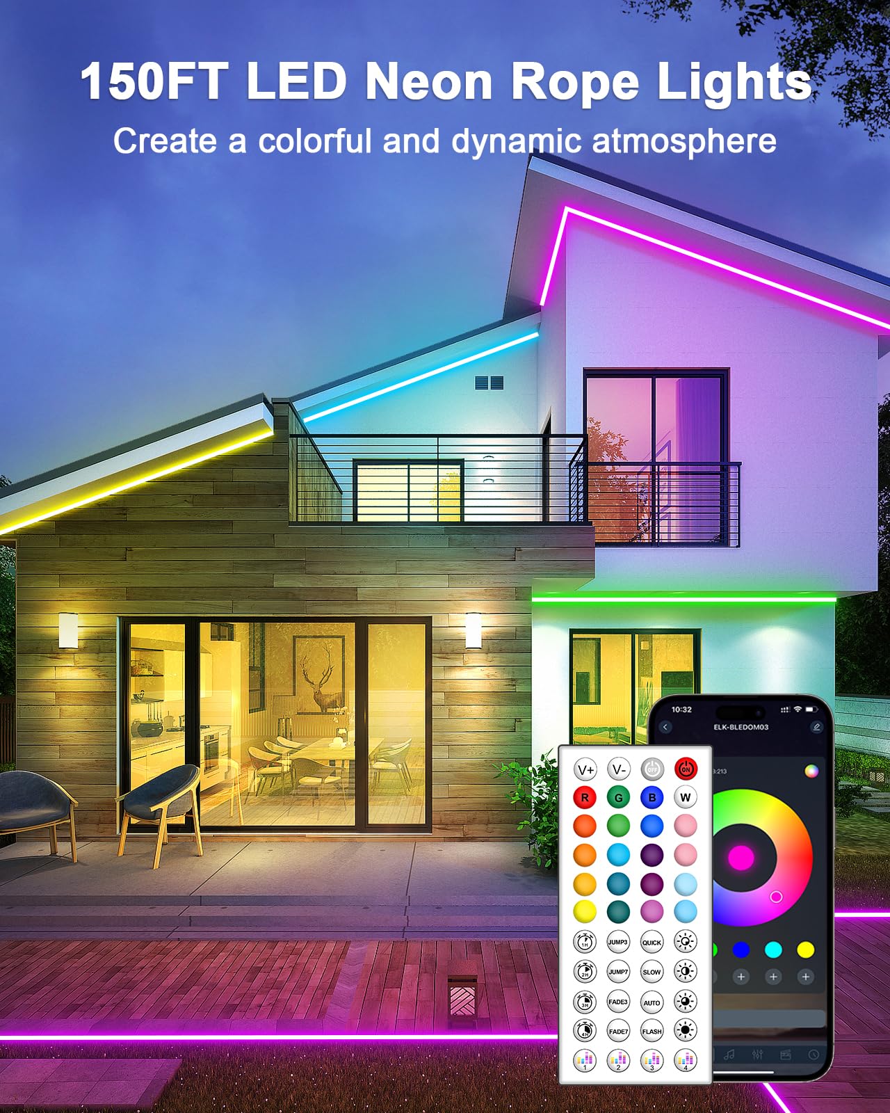 Vrribonx LED Neon Rope Lights, 140FT, RGB, Flexible, Waterproof, App/Remote Control, Model V140-01