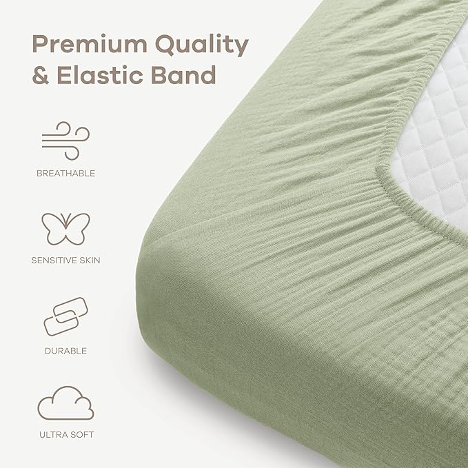 Comfy Cubs 100% Muslin Cotton Fitted Crib Sheet - Soft, Standard & Breathable Crib Sheets for Toddler Mattress - Snug Fit, Secure Elastic with Beautiful Packaging for Boys & Girls - Sage