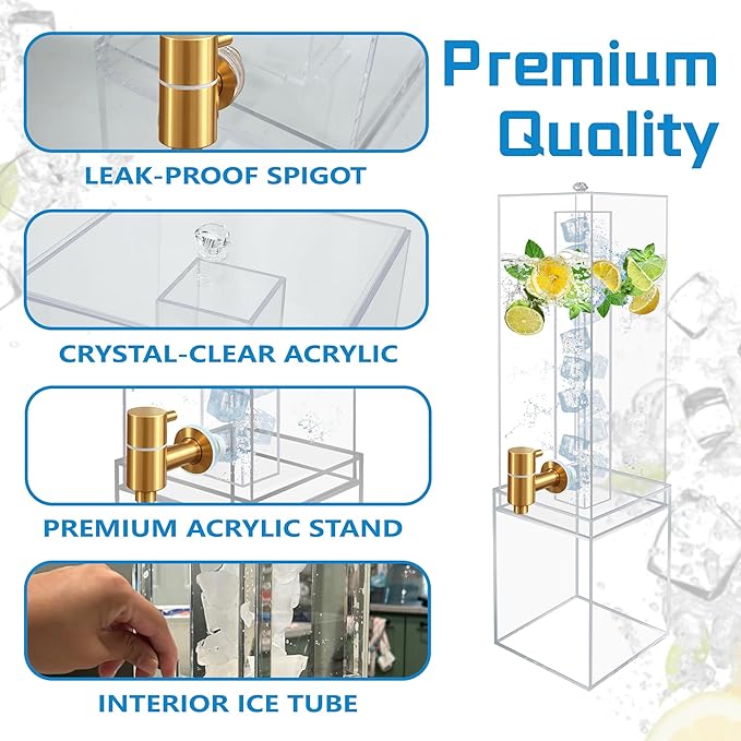 Beverage Dispenser with Stand, 2 Gallon Drink Dispenser, Drink Dispensers for Parties, Individual Ice Container, Acrylic Stand