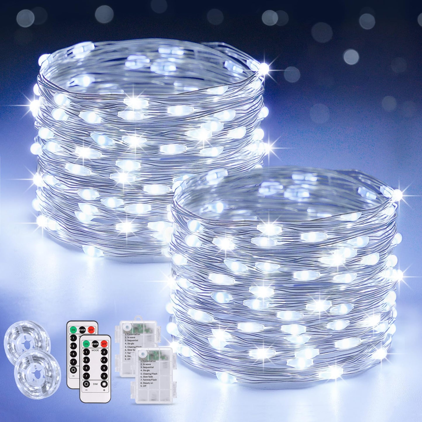 Jmexsuss 2 Pack 100 Led White Fairy Lights, 66Ft Battery Operated Twinkle Lights With Remote, 8 Modes For Indoor Outdoor Decor