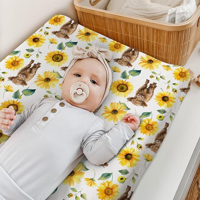 HawSkgFub Highland Cow Sunflower Changing Pad Cover for Baby Girls, Western Farm Animal Fall Flower Diaper Change Table Covers, Soft Stretchy Safe Snug Fitted Changing Mat Sheet Fit 32"/34" x 16"