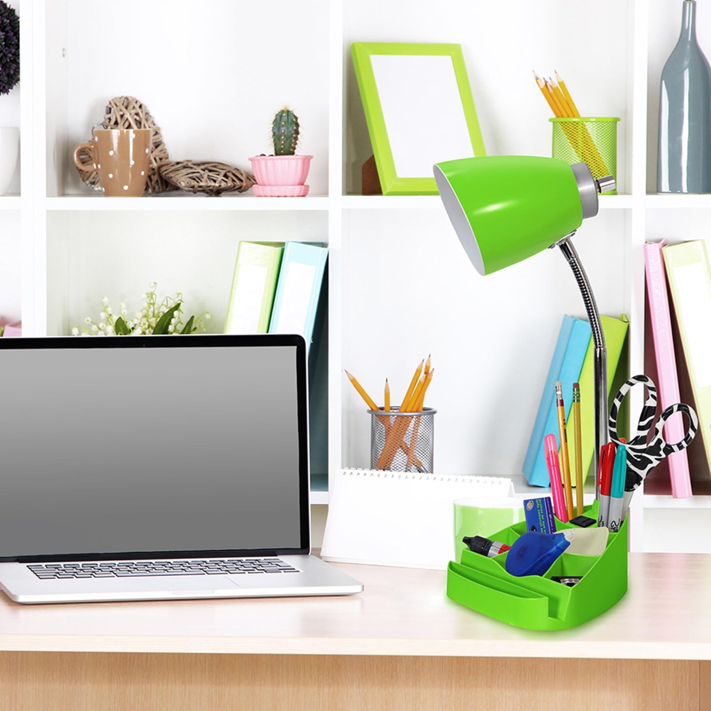 Simple Designs Gooseneck Desk Lamp with iPad Stand, Book Holder, Charging Outlet, 18.5in, Green, Model LD1094-GRN