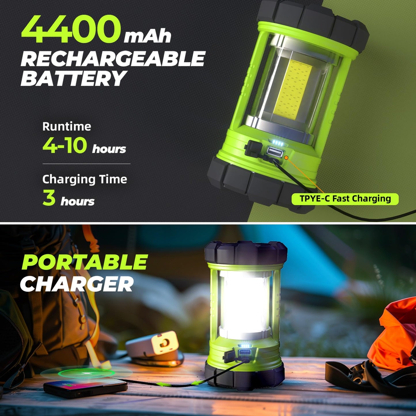 Favourlite Rechargeable Camping Lantern - 3000Lm, 5 Light Modes, 4400Mah Phone Charger, Waterproof, Pale Green, Model 001