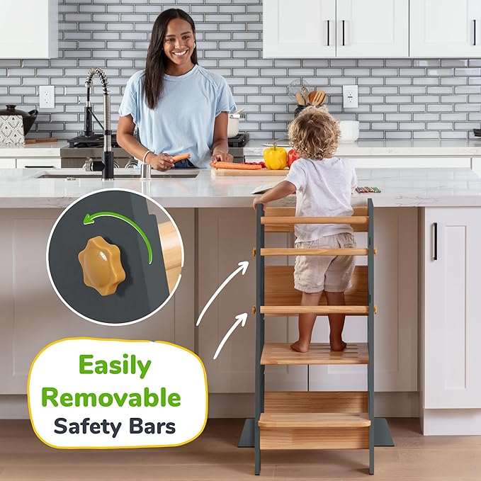 OCODILE Toddler Standing Tower - Adjustable Height Toddler Kitchen Stool Helper - Ideal Kids Kitchen Step Stool for Learning New Skills - Updated Design with Safety Feet - Gray