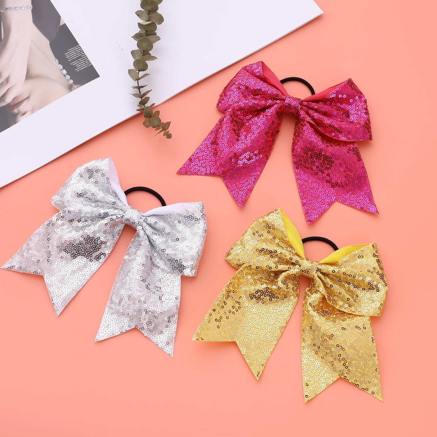 16 PCS Large Glitter Hot Pink Cheer Hair Bows, Shiny Cheerleading Bows Ponytail Holder for Cheerleader Girls Softball Sports and