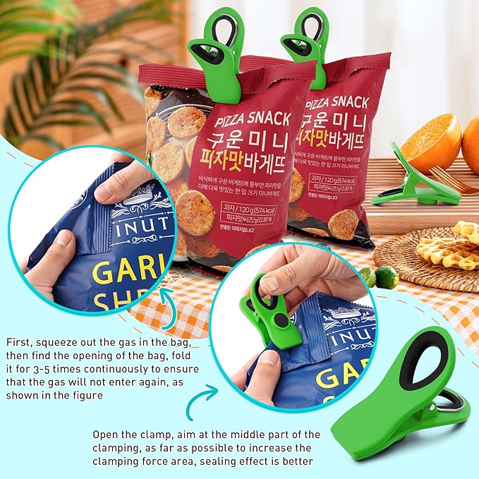 FINDMAG Big Chip Clip, Green Magnetic Wide Bag Clip Set, Cute Magnet Clips for Food, Plastic Food Clips Great for Kitchen, Home, Snacks, Bread, 12 Pack