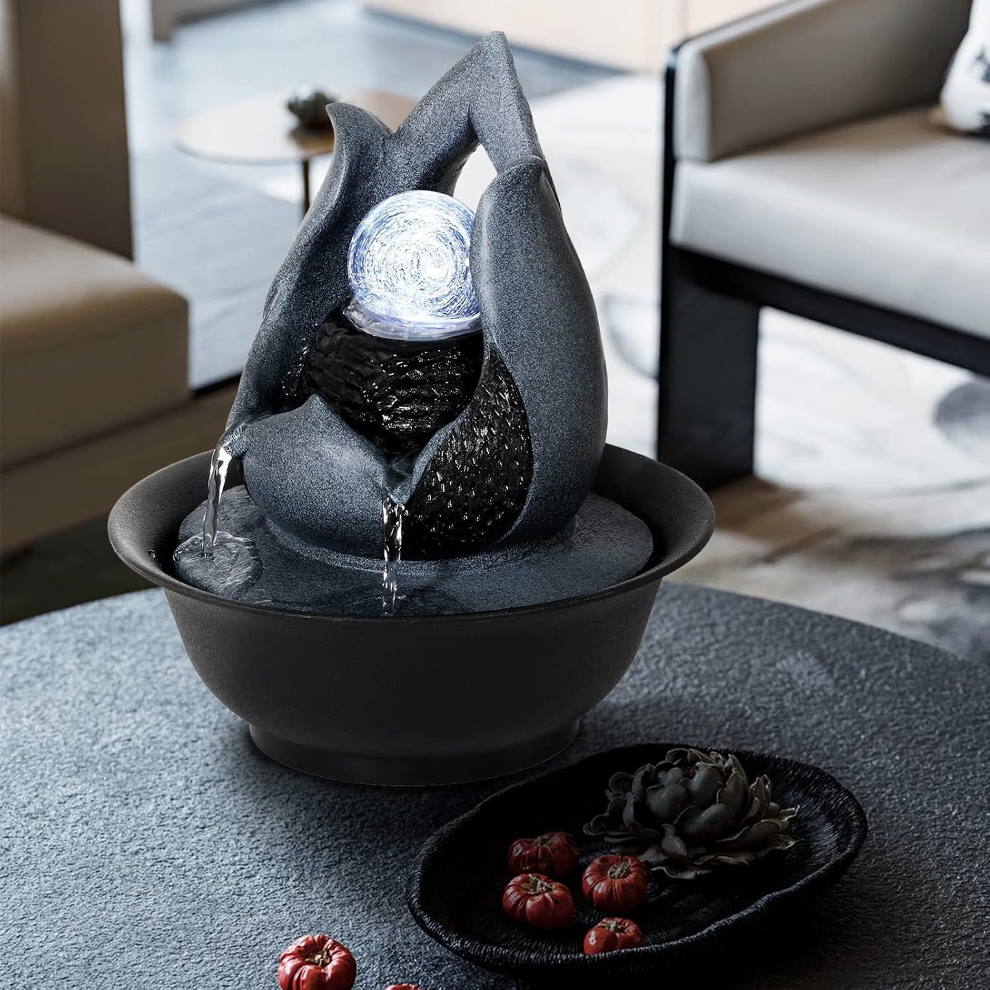 WICHEMI Indoor Water Fountain Tabletop Fountains with LED Rolling Ball, Feng Shui Zen Meditation Desktop Waterfall Fountains Calming Water Sound Relaxation Fountain for Home Bedroom Office (Style 12)