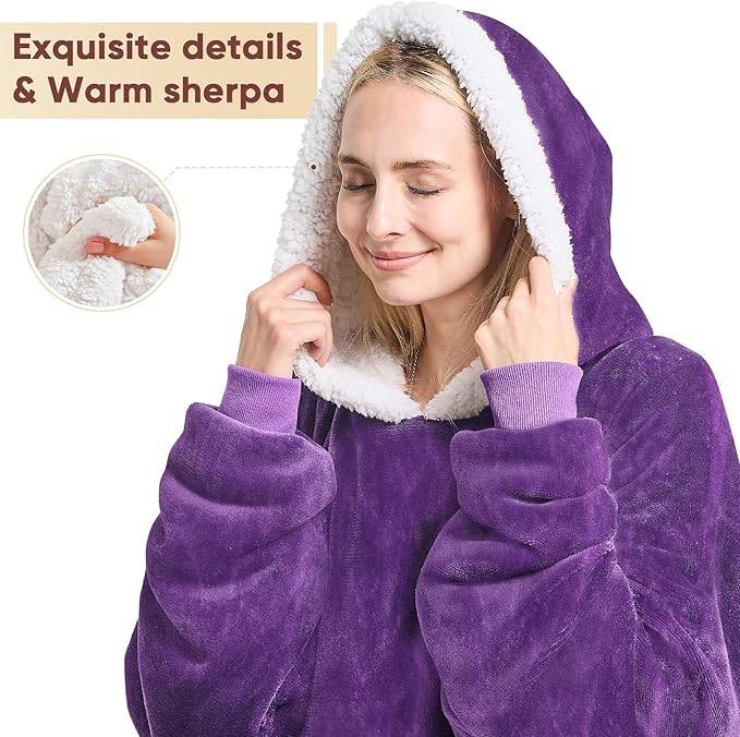 yescool Wearable Blanket Hoodie, Flannel Sherpa Fleece Blanket Sweatshirt for Adults Women Men,One Size Fits All