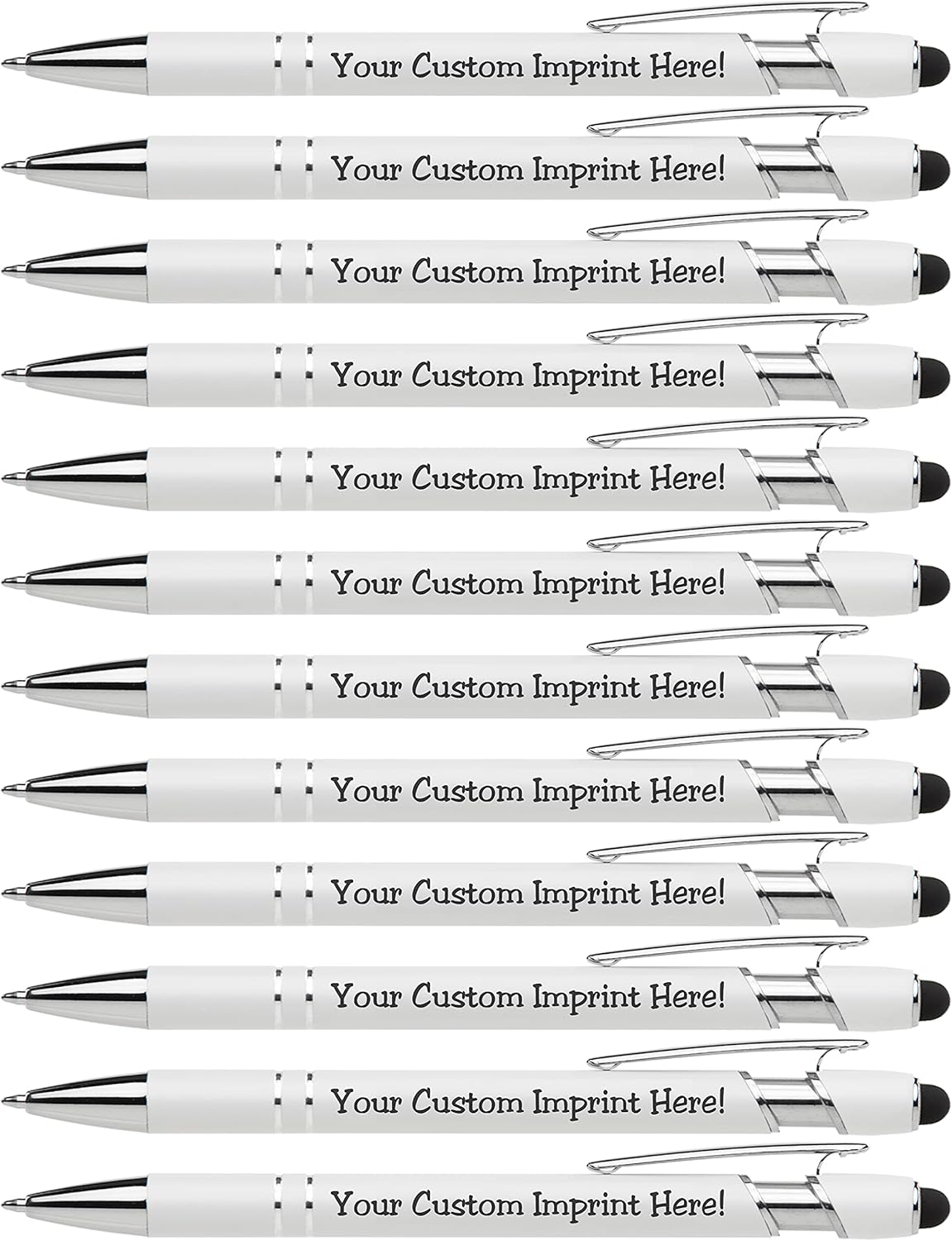 ExpressDesigns™ - Premium Custom Pens with Stylus | Beautiful White | Personalized Soft-Touch Metal Printed Name Pens w/Black Ink - 12 pack (Black)
