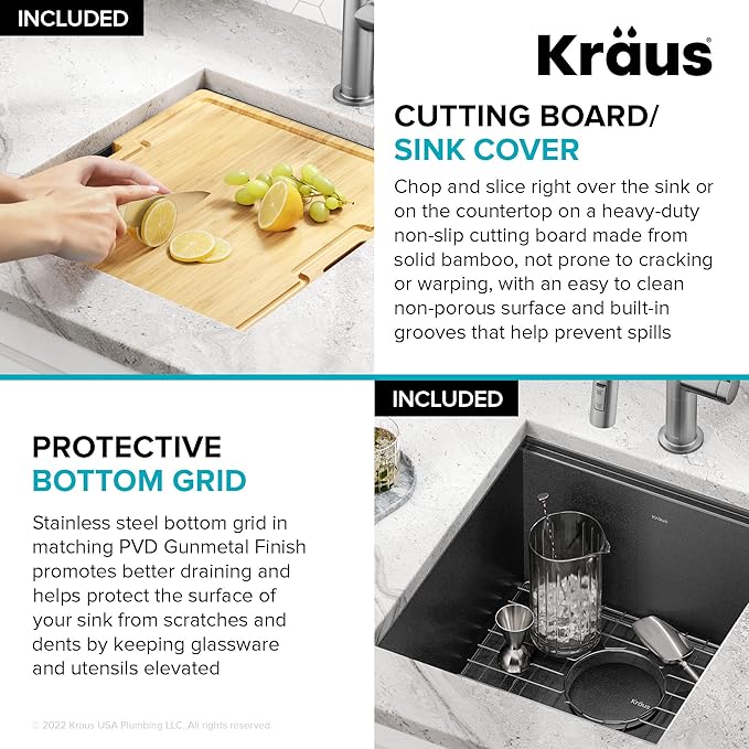 KRAUS Kore 17 Inch Undermount Workstation 16 Gauge Stainless Steel Single Bowl Kitchen Bar Sink n PVD Gunmetal Finish with Accessories, KWU1101-17-PGM