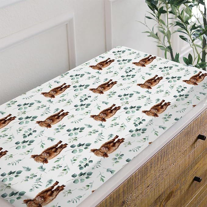 HawSkgFub Highland Cow Eucalyptus Leaf Changing Pad Cover for Baby Girl Boy, Natural Western Farm Animal Diaper Change Table Covers, Soft Stretchy Safe Snug Fitted Changing Mat Sheet Fit 32"/34" x 16"