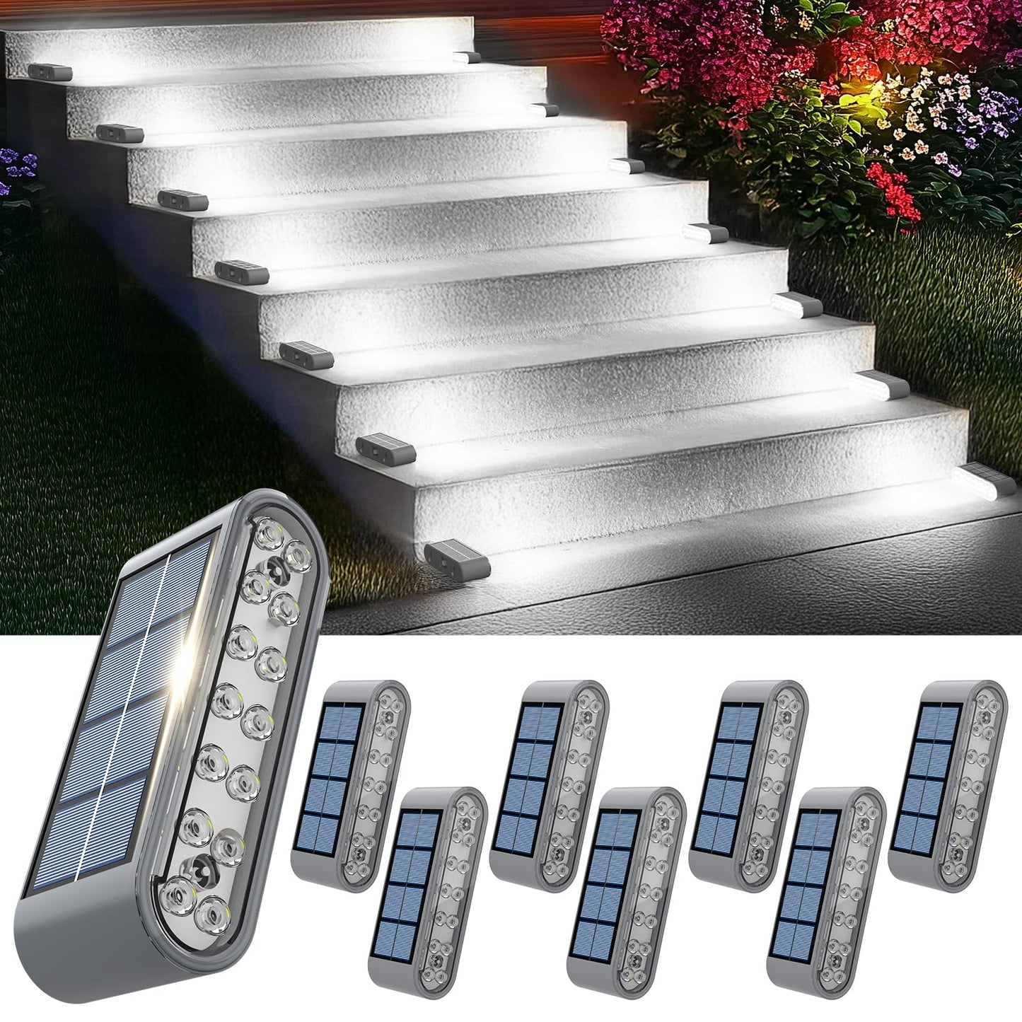 Xillumi Core Solar Step Lights For Outside  8-Pack Stair Light Outdoor Waterproof Ip67  14 Led Cool White Light Solar Powered Lighting For Steps  Stairs  Deck  Patio  Walkway  Front Porch Decor